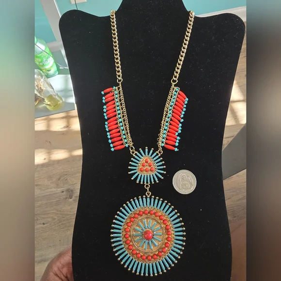 Elegant Gold and Red Squash Blossom Styled Necklace - Picture 3 of 6